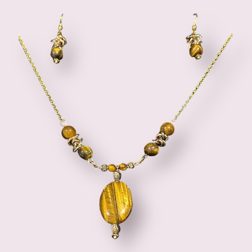 Tigers Eye (Yellow, Semi Precious)Necklace and Drop Earrings Set- Handmade